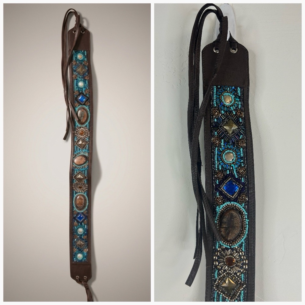 Beaded Faux Leather Embellished Fringe Tie Belt Southwestern Boho Festival OS